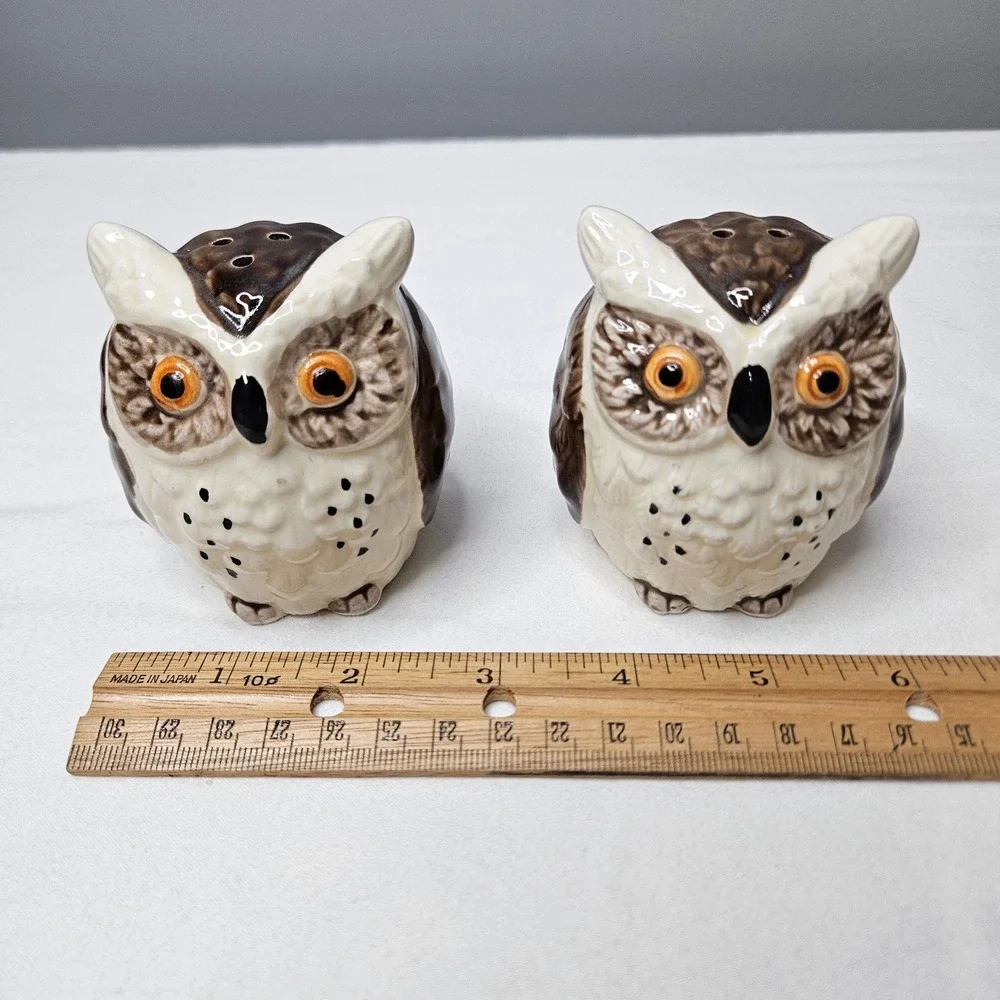 Vtg Owl Salt and Pepper Shakers Set Ceramic Japan Brown White Mid Century Modern